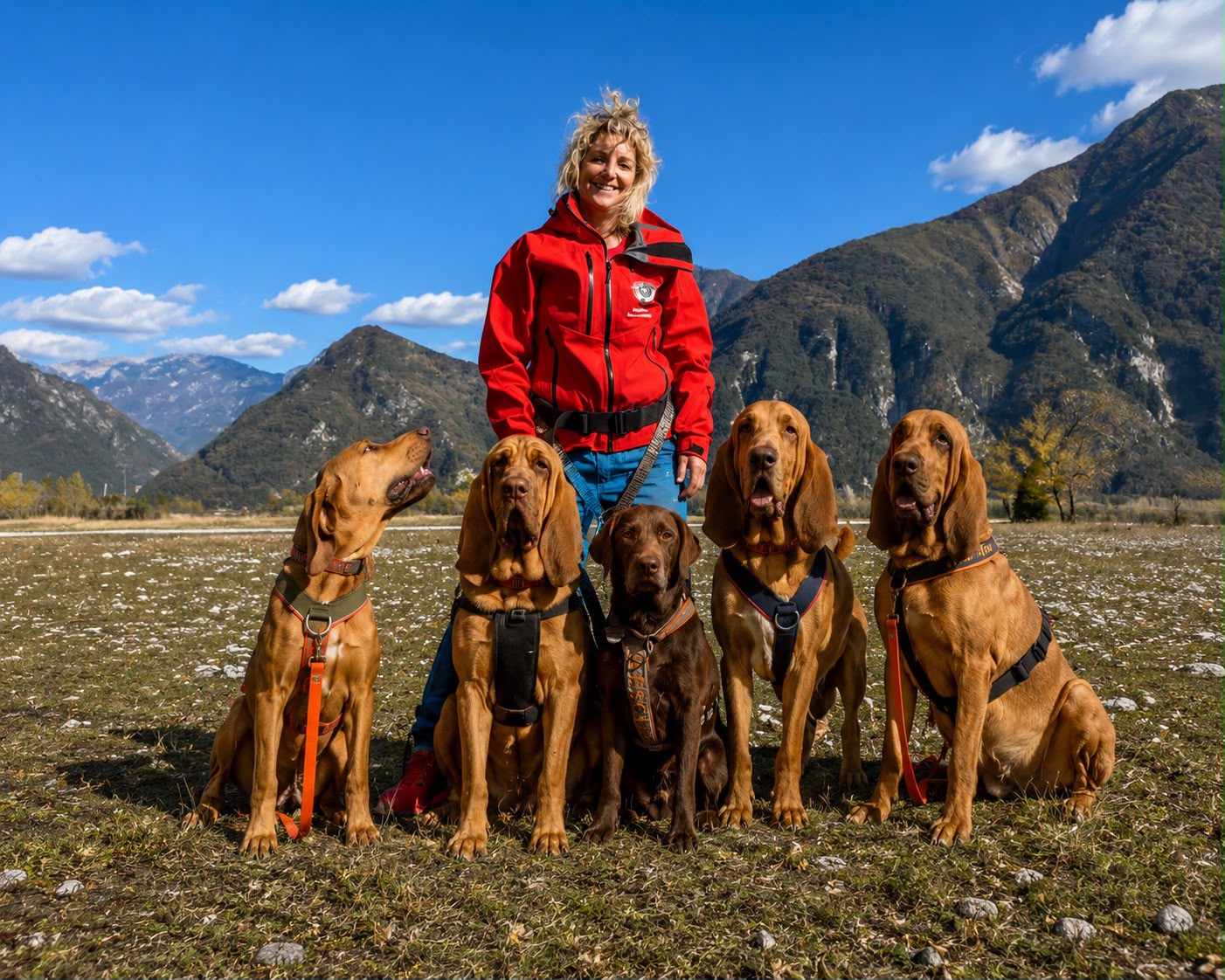 Alexandra Grunow mit fünf Hunden vor einer großen Bergkulisse